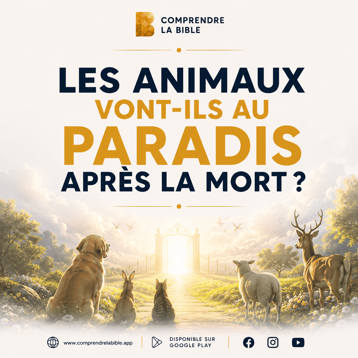 Chien, chat, cerf et agneau réunis dans une prairie lumineuse